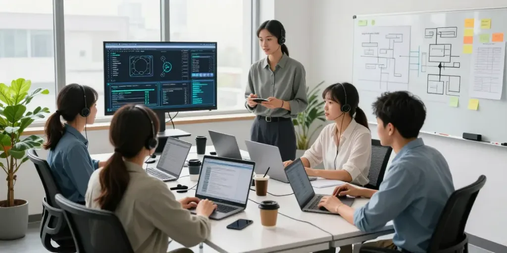 IT-Support Frankfurt: IT-Support-Team bei der Problemlösung in modernem Büro, dynamische Zusammenarbeit.
