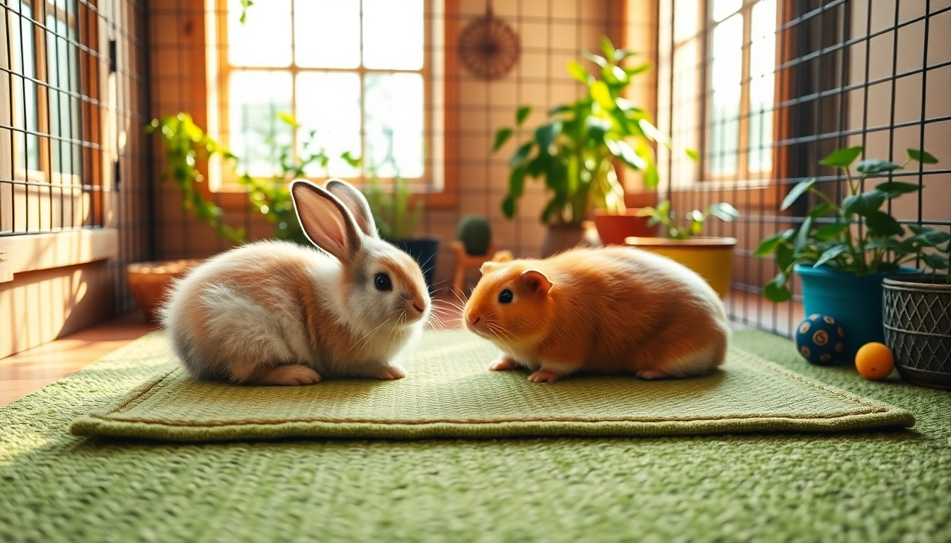 Nagermatte in einem Haustiergehege mit einem Kaninchen und einem Meerschweinchen.