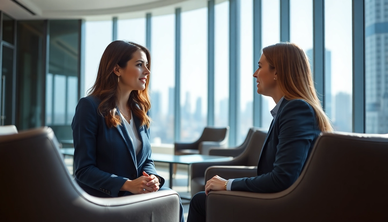 Headhunter Schweiz konsultiert Kandidaten in einem modernen Büro mit Stadtansicht.