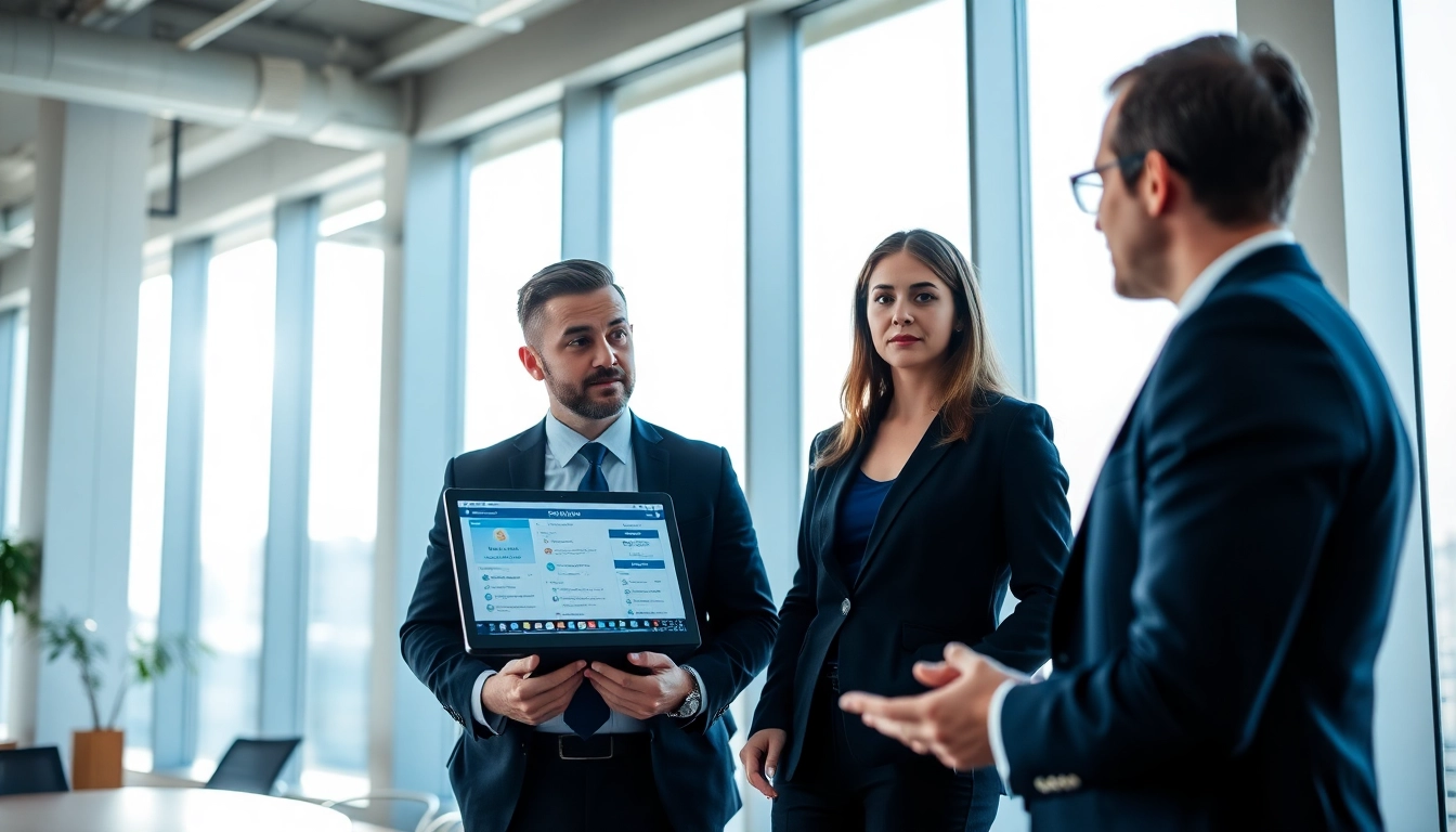 Headhunter Schweiz spricht mit Klient in modernem Büro über Stellenangebote.