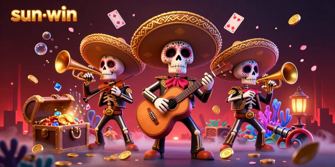 Engage with the exciting sun-win gambling scene featuring dynamic skeleton mariachis and vibrant casino elements.