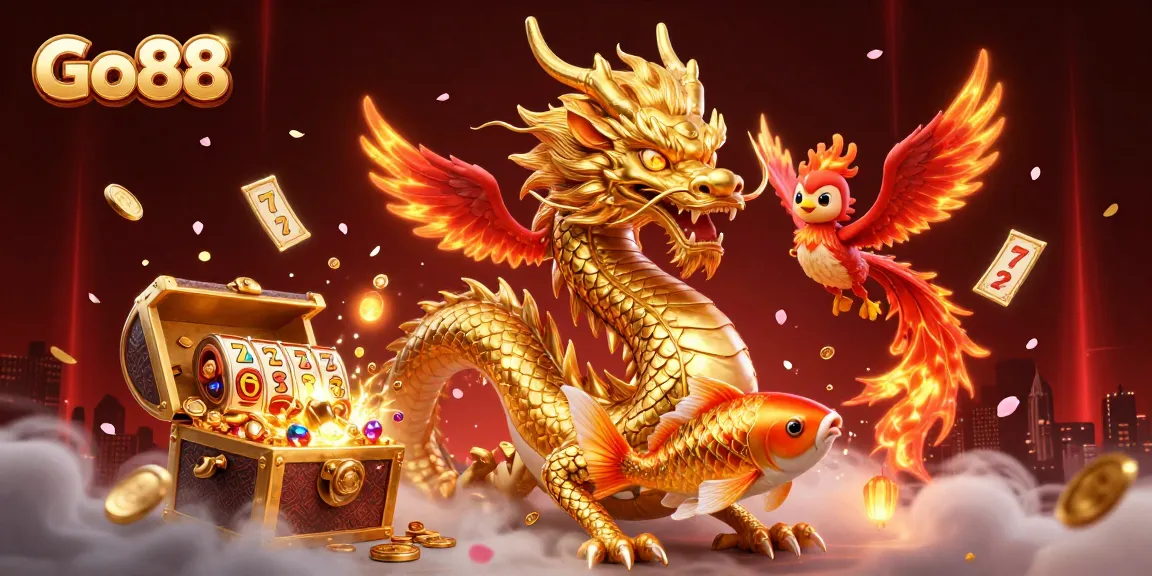 Experience thrilling wins at Go88 with a dynamic illustration of a dragon, phoenix, and koi fish amidst slot reels and gold.