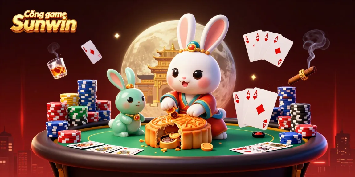 Join the excitement of Cổng game Sunwin with a vibrant scene featuring poker chips and moon folklore elements.