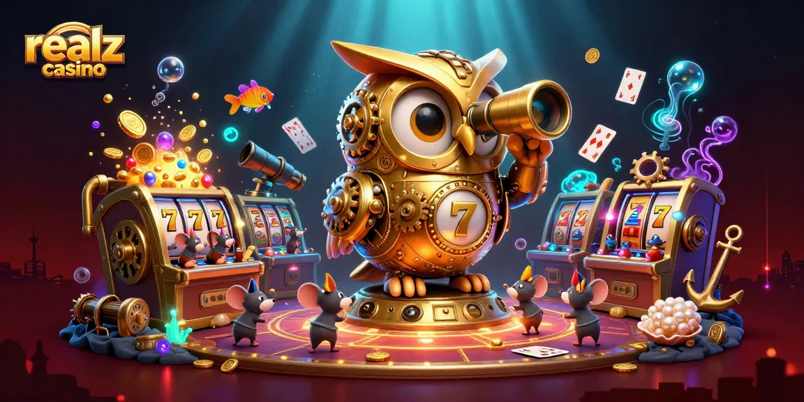 Experience the thrill of realz casino with a golden owl and lively gaming elements in a vibrant 3D scene.
