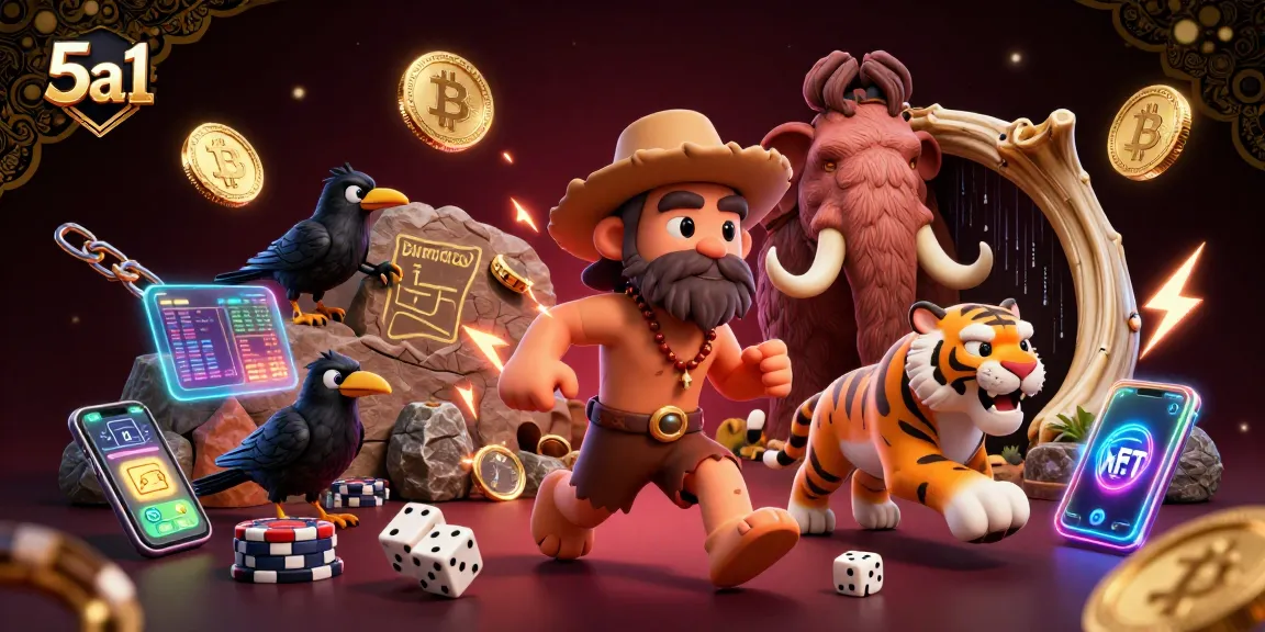 Dynamic caveman and sabertooth duo managing a casino with Bitcoin and Ethereum coins, featuring 5a1 branding.